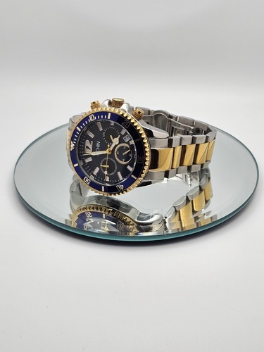 Orologio cronografo analogico uomo Jechin quadrante blu argento/oro chiusura a farfalla - Foto 18 di 19