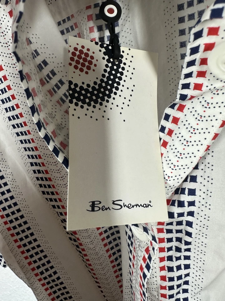 Camisa Ben Sherman Mujer Mediana Blanca Roja Azul GR9001 Vestido Botón Cinturón Mod Foto 4 de 4