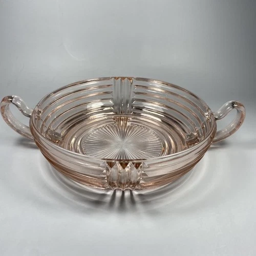 Vintage Anchor Hocking Manhattan Pink Depression Glass Art Deco Bowl w/ Handles