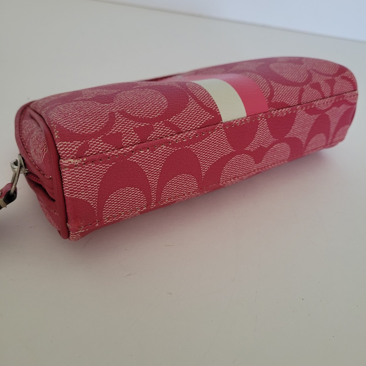 Coach Signature C Pink White Stripe Makeup Cosmetic Bag Pouch