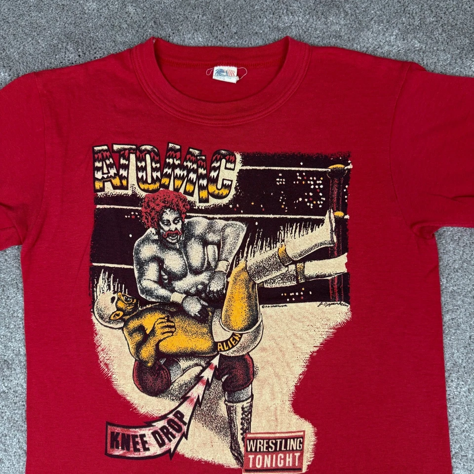 Red Vintage Atomic Wrestling T-shirt Size S Child Knee Drop All Star Match - Image 2 of 4