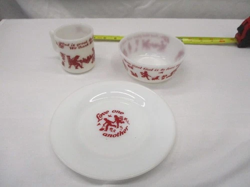 VINTAGE  ATLAS MILK GLASS GOD IS GREAT, GOD IS GOOD PRAYER  CUP set bowl plate