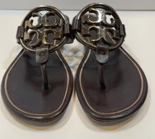 Tory Burch Miller 2 Malbec Chestnut Brown/ Rose Gold Logo Sandals Sz 7 1/2 7.5 M