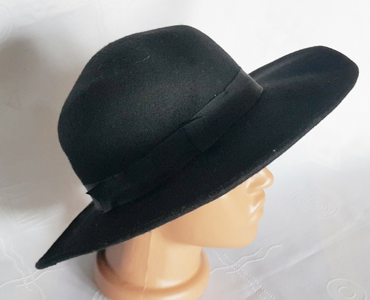 VINTAGE AUTHENTIC WOOL BLACK WOMEN'S FEDORA HAT-US 7;EU56