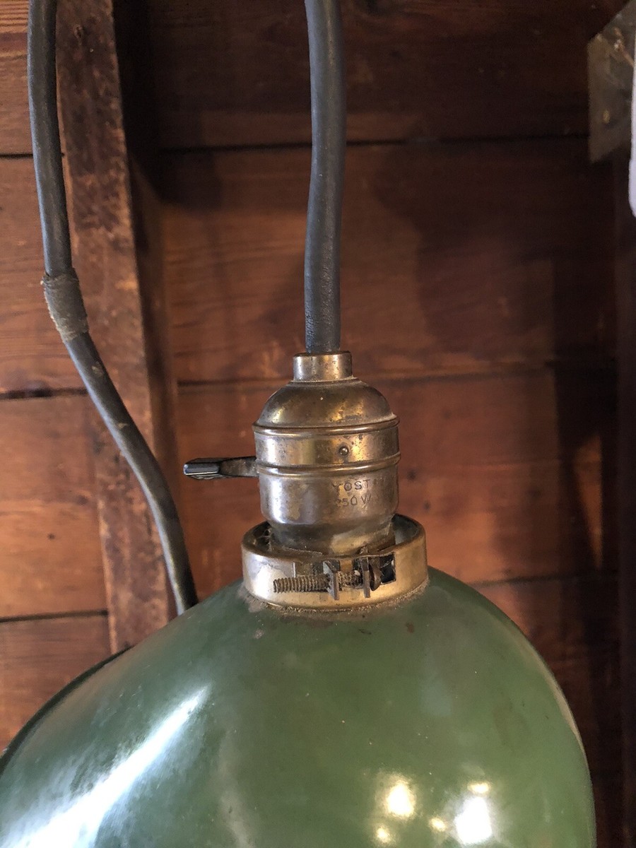 Antique Enamel Pendant Shade OG 30’s QUAD Reflector label Light Lamp Yost  Work