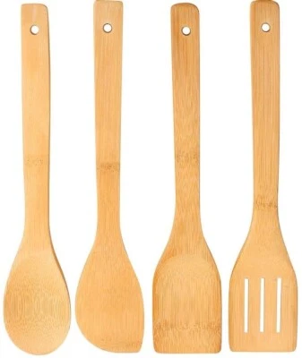 4x Bamboo Spoons Wooden Spatula Spoon Kitchen Cooking Utensils Turner Tools Set