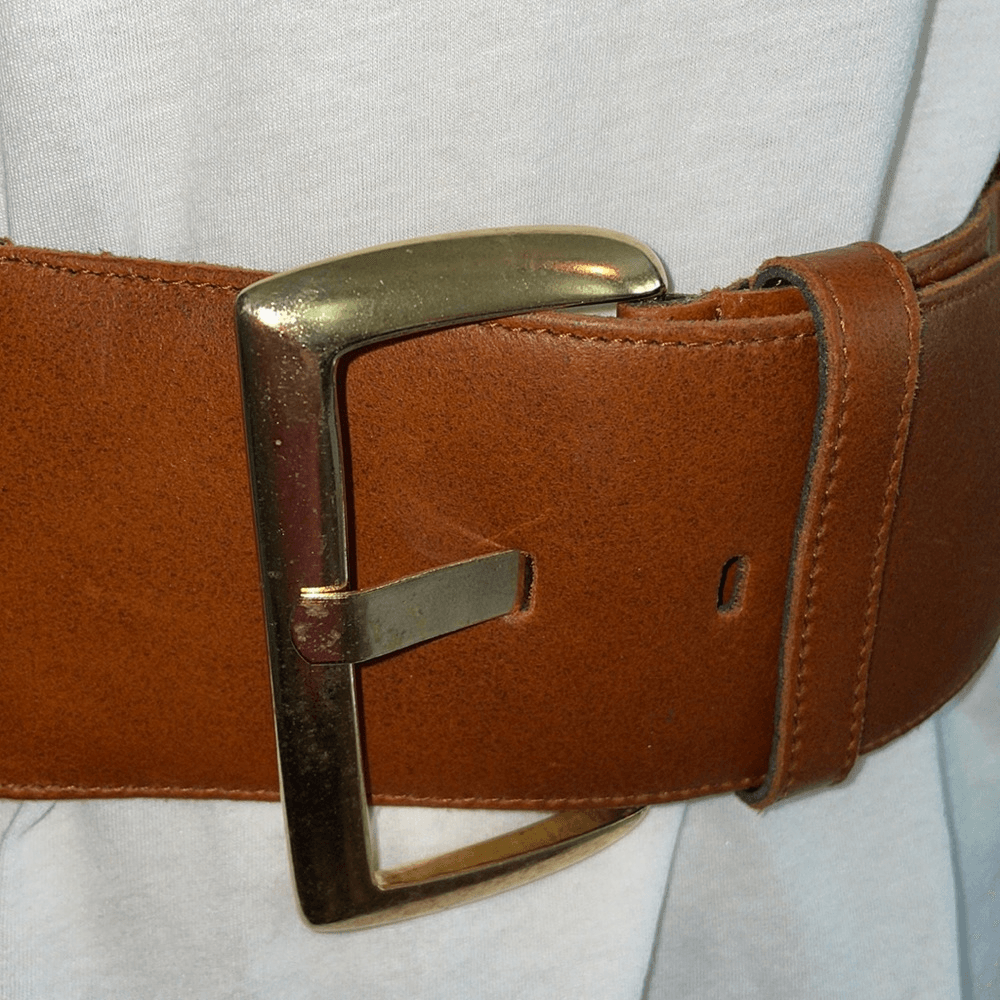 Topaz wide brown leather & cream elastic belt with gold  display picture 1