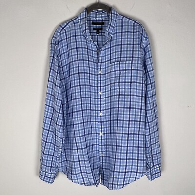 Banana Republic Mens 100% Linen Camden Fit Long Sleeve Button Up Plaid Sz Large
