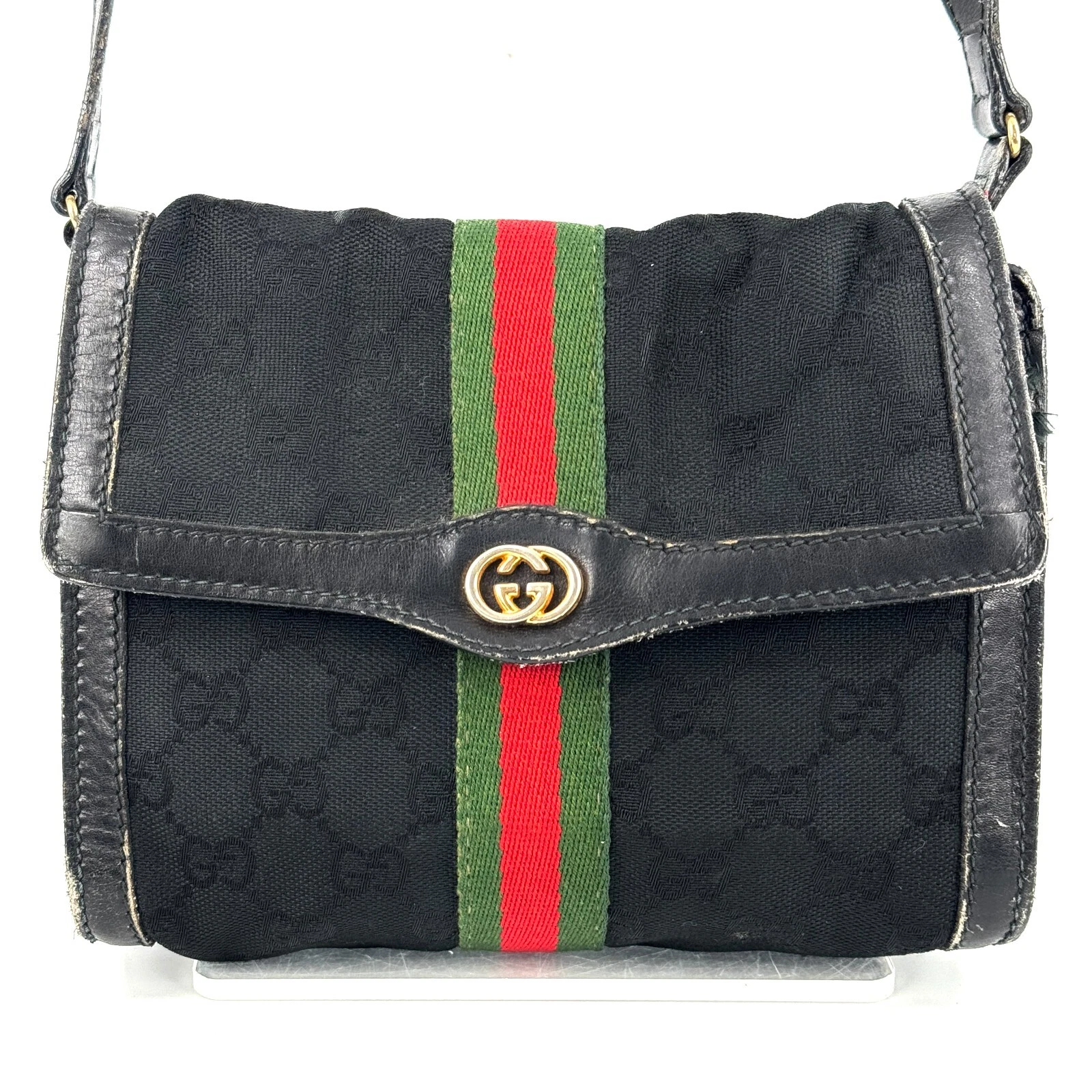 Sac à bandoulière vintage GUCCI GG toile rayures toile pochette noire cuir convertible