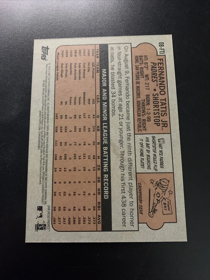 2021 Topps Heritage Fernando Tatis Jr Oversized Box Topper #OB-FTJ - Image 2 of 2