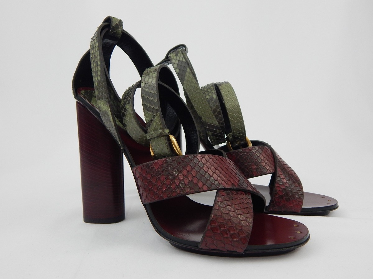 Gucci 100% Python Skin Green Cherry Ankle Strap Sandals