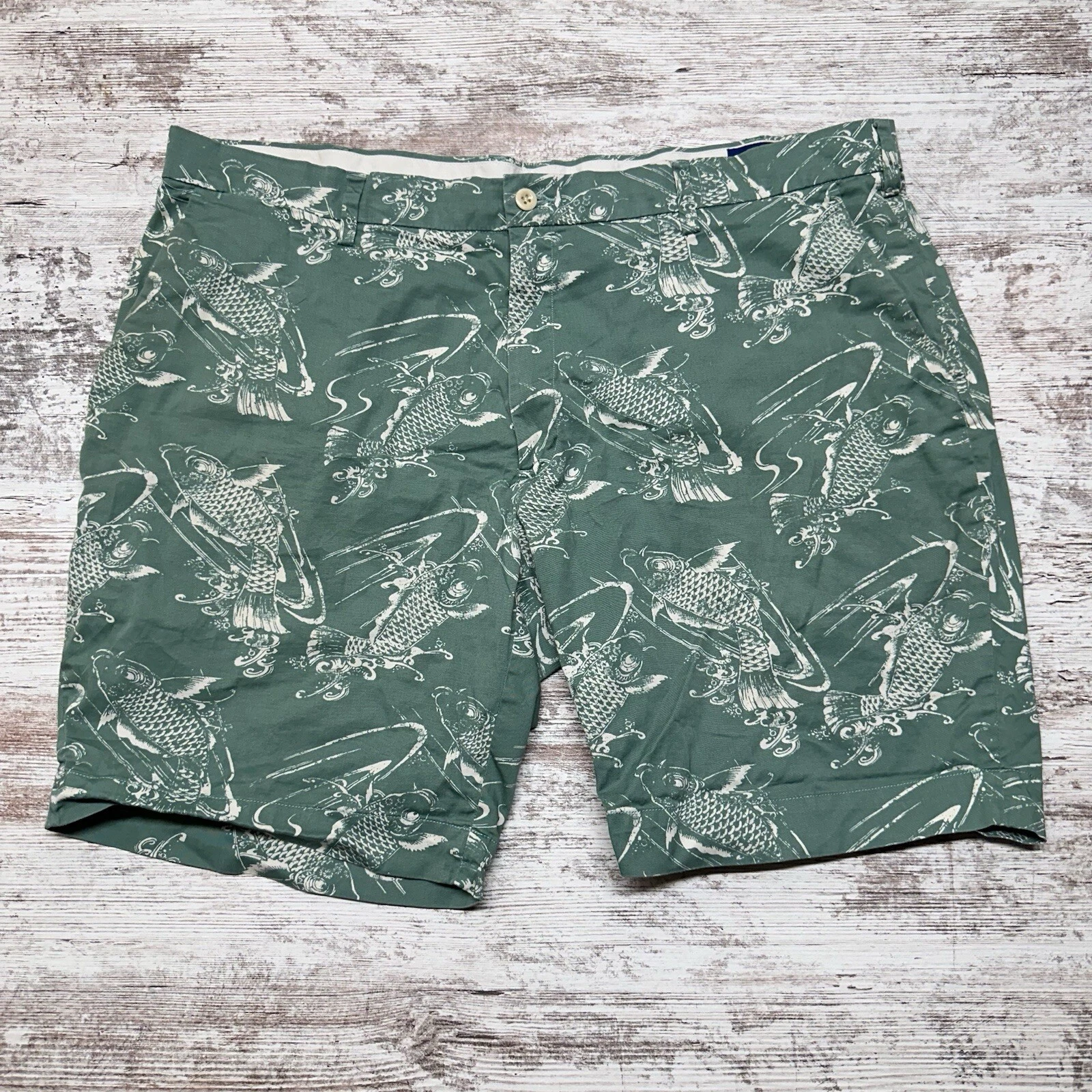 Polo Ralph Lauren Shorts Men 40 Green Flat Front Chino Koi Fish Print Stretch