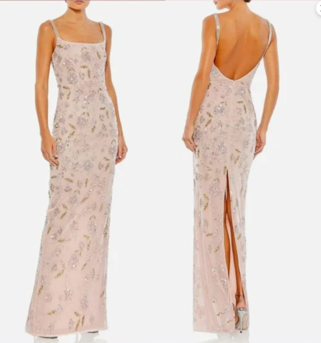 strapless open back dress Mac Duggal V-Neck Long Sleeve 3D Floral Sequin Gown