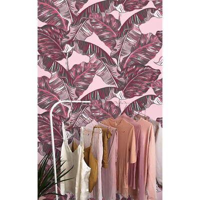 Pink Tropical Palm Leaves Wallpaper Banana Leaf Covering Removable Wall Decal