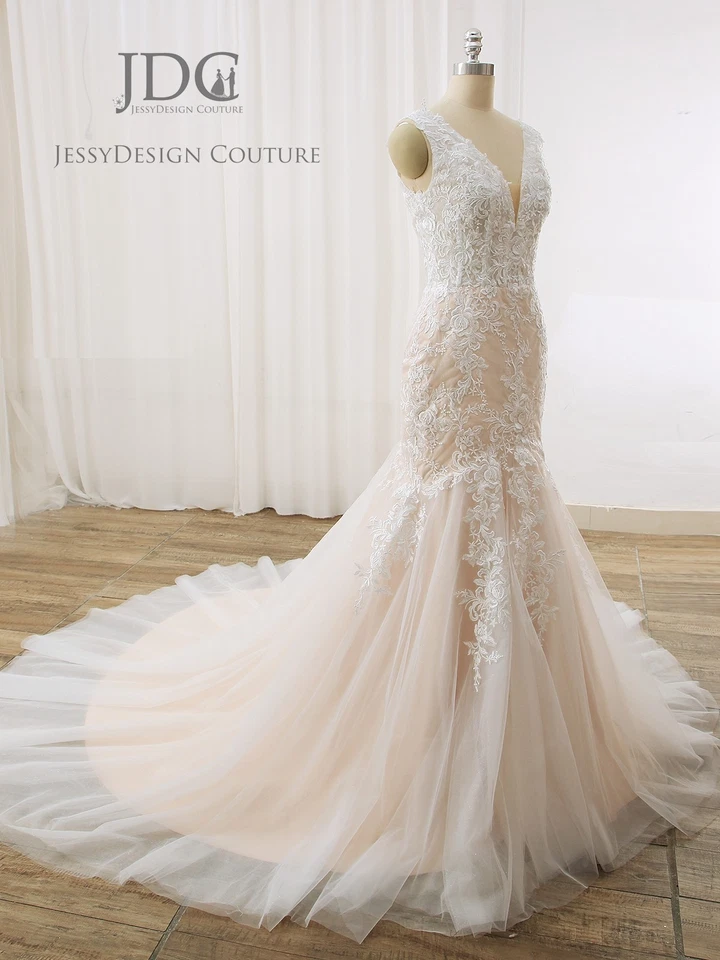 Edles Champagner Mermaid Spitze Brautkleid Hochzeitskleid n.Maß Knöpfe Träger - Bild 4 von 4