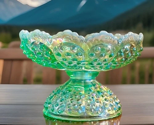 Fenton Willow Green Hobnail Iridescent Opal Footed Candle Bowl 95th Anv FREESHIP