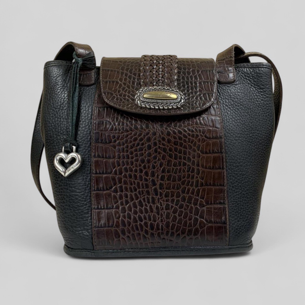 Brighton Croc Embossed Purse Black Brown Leather Heart Charm Shoulder Bag Vtg