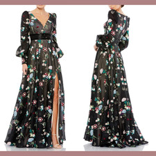 NWT Mac Duggal [ 2 ] 79361 Embroidered Bishop Sleeve V Neck Flowy Gown #S1910
