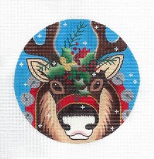 Christmas Reindeer 5" Rd. handpainted 18m Needlepoint Canvas Raymond Crawford