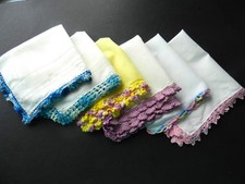 6 Crochet Trim Handkerchiefs, Excellent, Wedding Favors