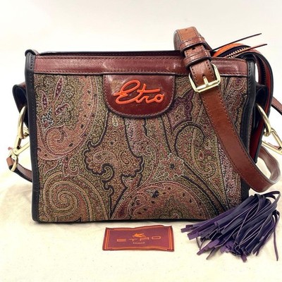 ETRO Paisley 2Way Shoulder Bag Crossbody Clutch Brown Fringe Leather Canvas