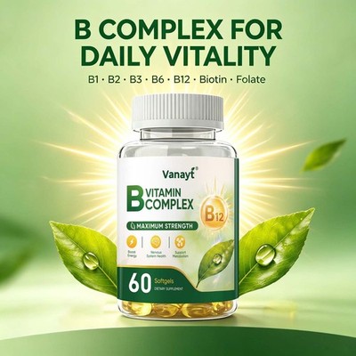 Vitamin B Complex Capsules With Vitamin B1, B2, B3, B6, B12 - High Potency 60pcs
