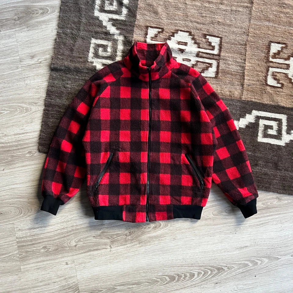 L.L. Bean Men Vintage USA Made Buffalo Plaid Red Polarplus Fleece Jacket Size L - Image 3 of 4