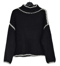 Ladies Lagenlook Italian Oversized Wool Blend Jumper High Neck Blanket Stitch