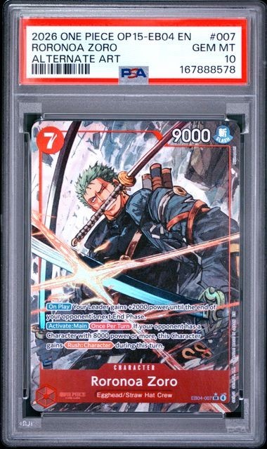One Piece Op15-Eb04 Adventure on Kami's Island Roronoa Zoro Alternate Art PSA 10
