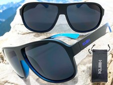 Classic Modern Retro Sporty KUSH SUNGLASSES Large Black  Blue Frame Dark Lens