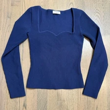 Aritzia Babaton Navy Blue Ribbed Square Neck Long Sleeve Sweater Top Size S