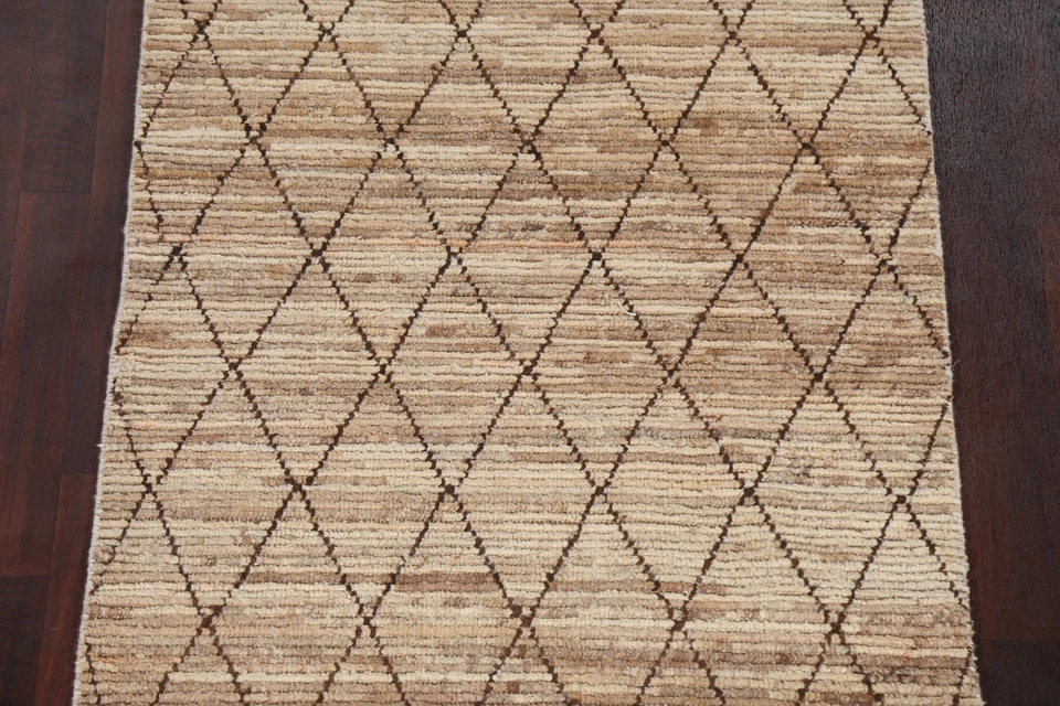 手工制作 Earth Tone Trellis 摩洛哥东方长条地毯 3x10 英尺现代羊毛地毯 — 第 4/4 张图片