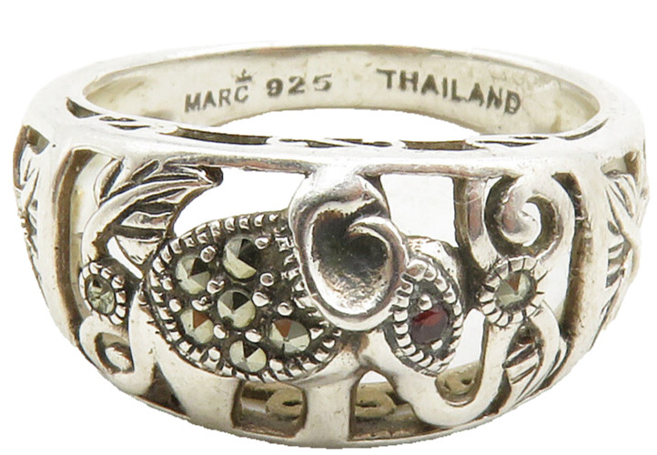 MARC 925 Silver  Vintage Marcasite Elephant Motif Band Ring Sz 8  RG13410