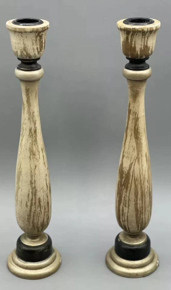 Pair of Rustic Pillar Candle Holder Candlesticks Distressed White Gold Wood VTG - Image 2 of 4