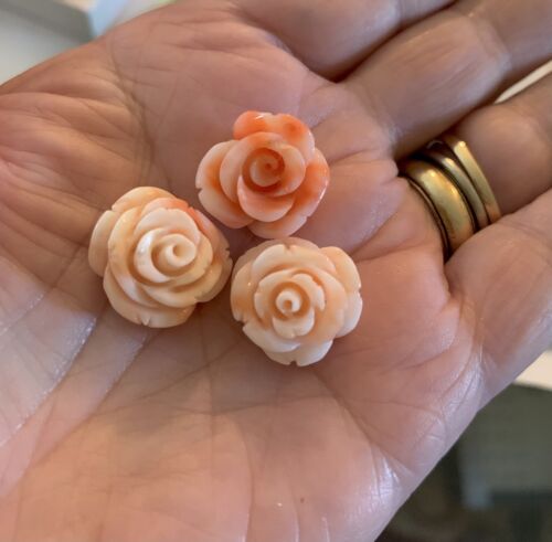 LOT OF 3 CARVED NATURAL CORAL PINK LARGE ROSES MULTI LAYERED 16MM OLD STOCK
