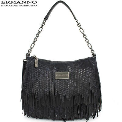  167 ERMANNO Ermanno Scervino Small Hobo Bag Black Fringe Snake Pattern NEW