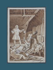 Dessin ancien, Antoine-Pierre Mongin 1761-1827. " Scène nocturne."