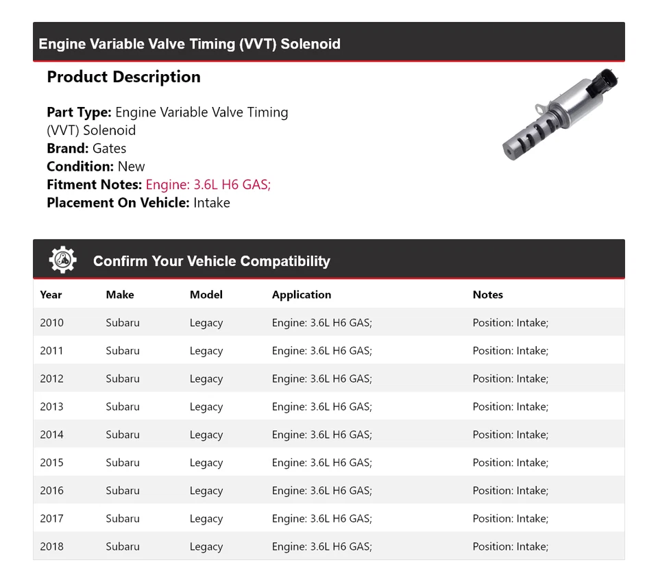 适用于 2010 - 2018 斯巴鲁 Legacy 3.6L H6 气体发动机 VVT 电磁阀进气门 2011 — 第 2/4 张图片