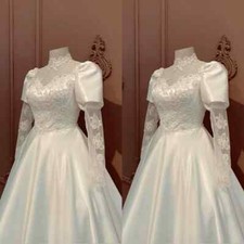 Satin Wedding Dress 1970s Vintage Long Sleeves Victorian White Ivory Bridal Gown