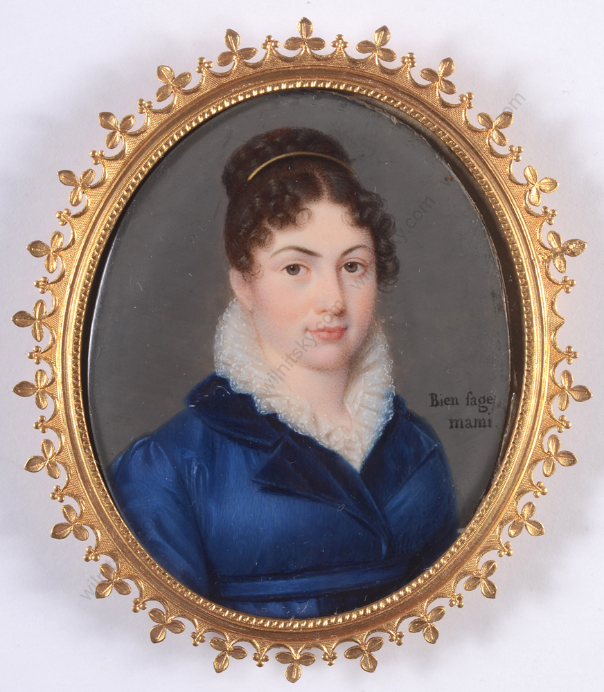 "Portrait of a lady in blue dress", fine French miniature, late 1810s