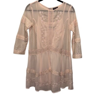 Topshop Sheer Lace Embroidered Babydoll Dress With 3/4 Sleeves Size 4 Ligth  Pink | eBay