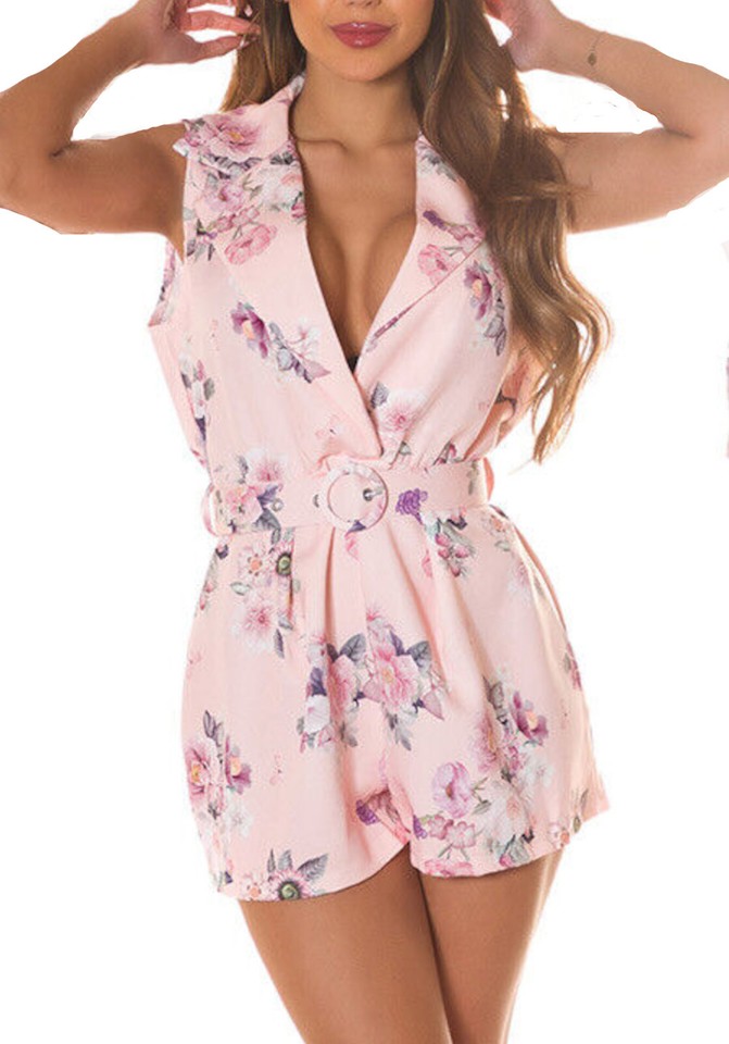 Koucla de Mujer Floral Short Mono Con Cinturón sin Mangas 7826 Nuevo