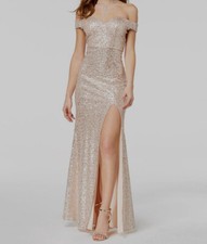 New 160 Emerald Sundae Juniors' Gold Sequined Off-Shoulder Formal Dress Size 3