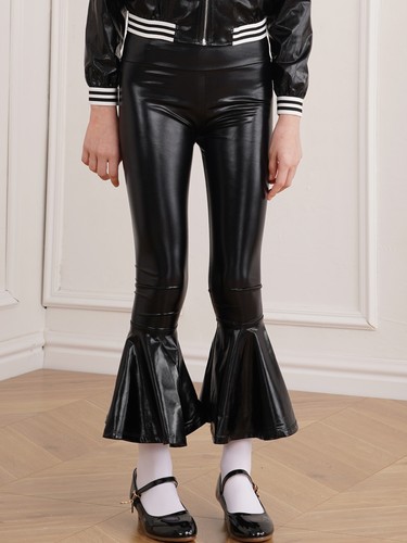 Girls Shiny Metallic Flared Pants Ruffle Bell Bottoms Dance Performance Trousers - Picture 35 of 61