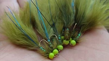 3 X Olive Damsel hot head Flies On Barbed Hooks. Size 10 Flies Tied In The UK.