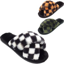 WOMENS FAUX FUR FLUFFY CHECKERBOARD SLIP ON CROSS OVER LADIERS MULES SLIPPERS UK