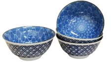 4 Set vintage  Asian Chinese Bowls 6” Patterned Blue Decorated Inside and Out