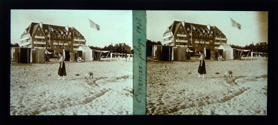 Bretagne.Carnac Strand.Animiert.Stereoansicht auf Glas 6x13cm.Glass Stereo.Jahr 1934