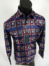 Mens Manzini Shirt Blue Silver Burgundy Italian Florals Cuff Links Button Front