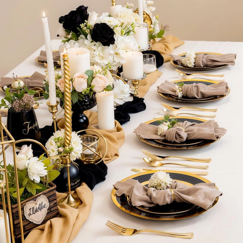 120pcs Black and Gold Plastic Plates Disposable Plates Gold Plastic Dinnerware - Image 2 of 4